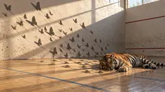 A tiger sleeps on a squash-court floor while a swarm of butterfly shadows crosses the wall. There are no butterflies in the room.