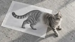 A grey tabby printed in halftone on a sheet of paper steps off it onto a concrete floor, turning from dots into fur at the shoulders. It is now a cat, and the print is missing one.