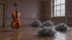 In a faded, empty room, a cello stands on the parquet with its strings stretched out to four grey clouds resting on the floor. Someone is practising for a storm.