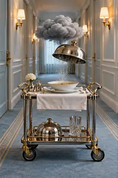 A brass room-service trolley in a hotel corridor lifts its cloche to release a small rain cloud over the soup.