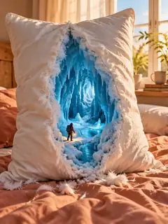 A torn pillow on an unmade bed opens onto a glowing blue ice cave, with a tiny explorer standing at the entrance.