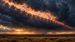 A long tear in a dark storm cloud over the prairie is laced shut with glowing copper stitches, sunset showing through the gaps. The rain still gets through.