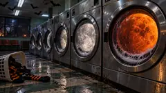 A row of washing machines in an empty laundromat each turns a moon behind its door, grey ones down the line and a big orange one at the front, paper bats taped up above. Separate your lights.