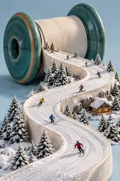 A spool of white thread unrolls into a ski slope through snowy pines, with skiers carving down to a chalet.