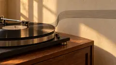 A spinning vinyl record lets its grooves lift off as fine black lines that drift across a sunlit plaster wall. Side B is making a run for it.
