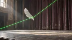 On an empty stage in front of velvet curtains, a white feather drifting in mid-air bends a green laser beam upward. The beam went along with it, politely.