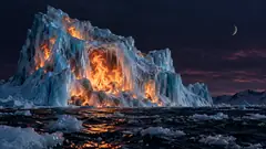 An iceberg at dusk, glowing with fires burning deep inside the ice. It is not melting; it has made its peace with this.