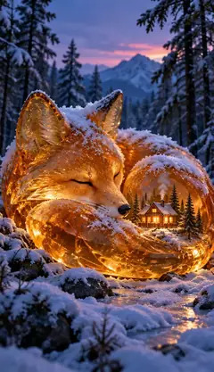 A glowing amber glass fox sleeps in the snow, with a lit cabin and pine trees inside its curled body.