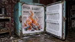 In a derelict brick room, a rusted old freezer stands open on a campfire frozen solid inside it, flames and logs furred with frost and icicles. It kept something, just not food.