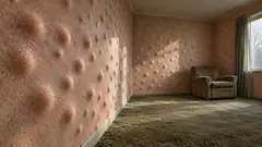 In an old peach-painted living room with one armchair, the walls are covered in goosebumps with fine hairs standing up from them. The heating is off, or the room heard something.