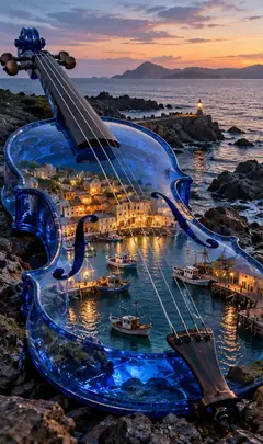 A cobalt glass violin lies on a rocky shore at dusk, holding a lit harbour town and its boats inside the body.
