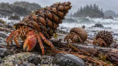 On a wet pebble beach below pine trees, hermit crabs wear pinecones and spiny seed pods as shells. The big one has upgraded considerably.