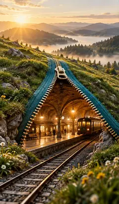 A giant zip opens a green hillside at sunrise to reveal a lit railway station inside. Trains leave on the half hour.