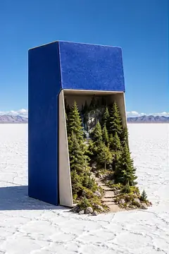 A blue matchbox stands open on a salt flat, holding a small pine forest and a winding path. Strike carefully.