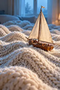 A small wooden sailboat rides the swell of a chunky knitted blanket. Calm seas expected by bedtime.