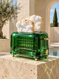A green glass toaster on a stone plinth pops two slices of cloud. Very light. No crumbs.