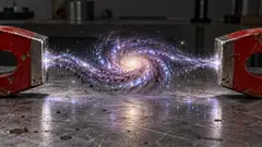 On a steel workbench, two red horseshoe magnets face each other with a spiral galaxy stretched out between their poles. Very strong magnets, or a very small galaxy.