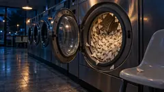 In a dark, rain-wet laundromat, one machine's door hangs open on a drum packed with pale moths, a few drifting out onto the chair beside it. Nobody has checked the pockets.