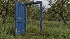 A blue door stands open in a frame among apple trees, while its knob, lock and keyhole plates hang in mid-air where the closed door would be. The hardware didn’t get the memo.