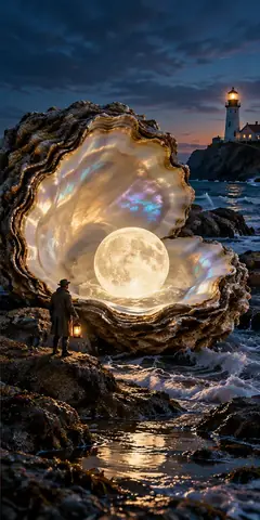 A giant oyster on a rocky shore opens to show the moon as its pearl, while a lighthouse keeps watch behind.