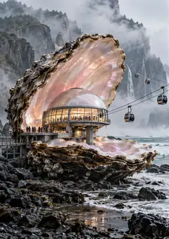 A giant oyster on a stormy shore holds a glass-domed station, with cable cars running in and out of it.