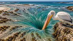 A white pelican on a rock dips its bill into the shallows and the sea pours into it as a whirlpool, the whole shore draining toward its beak. It will regret this.