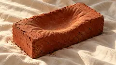 A red clay brick lies on rumpled linen, sunk in the middle like a pillow somebody slept on. It has left red dust on the sheets.