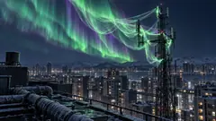 Over a snowy city at night, the green aurora has snagged on a rooftop radio mast and hangs there tangled round the struts. Reception is excellent, the sky is a mess.