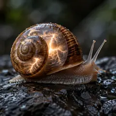 A snail rests on dark wet rock, and tiny bolts of lightning glow inside its amber shell.