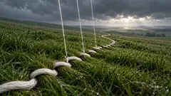 Under a grey sky, threads of rain come down and stitch a white seam across a green meadow toward the horizon. The hem looks nearly done.