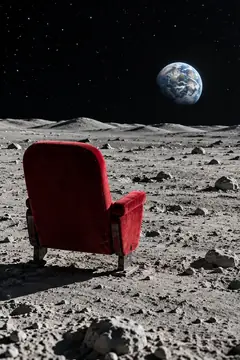 A red velvet theatre seat stands alone in the grey dust of the moon, facing away from the Earth. The view is sold out.