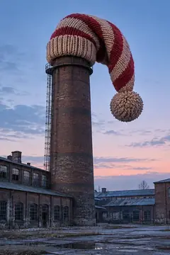 A tall brick factory chimney at dusk wears an enormous striped knitted bobble hat. The smoke has clocked off; the chimney is next.
