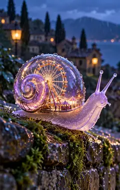 A glass snail carries a whole lit-up funfair in its shell, Ferris wheel and all, across a mossy wall at dusk.