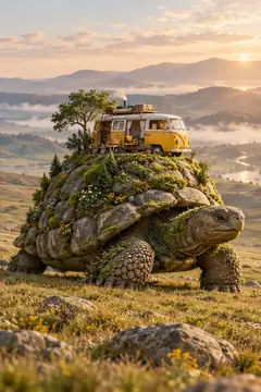 A giant tortoise carries a hillside, a tree and a yellow camper van across a meadow at sunrise.