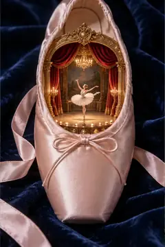 A pink ballet slipper on velvet opens onto a tiny opera house: red curtains, a chandelier and a dancer mid-pirouette.