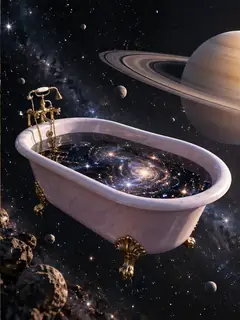 A clawfoot bathtub drifts through deep space, filled to the brim with a galaxy. Saturn is waiting its turn.
