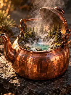 A copper kettle with its lid open holds a pine forest, rocks and a steaming hot spring. Bring a towel and a biscuit.