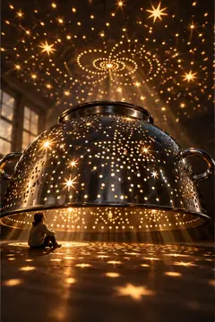 A metal colander lit from inside throws stars across a dark room while someone sits on the floor, watching.