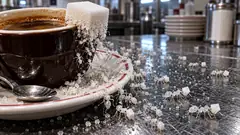 On a diner counter, a sugar cube perched on a cup of coffee is coming apart into tiny white ants made of sugar, marching away with crumbs of themselves. It didn’t want to be stirred in.