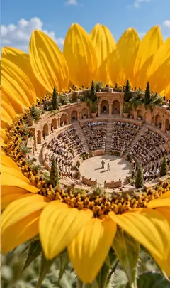 A sunflower holds a crowded stone amphitheatre in its centre, the seeds swapped for rows of spectators.