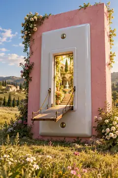 A giant light switch plate stands in a meadow and opens onto a garden with a fountain, a little drawbridge leading in.