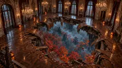 In a chandeliered ballroom, the parquet floor has splintered open and through the hole, far below, is a misty autumn forest in red and orange. The band has stopped.