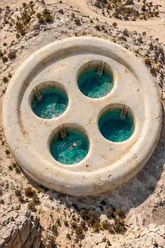 A giant stone button lies in the hills, each of its holes a turquoise swimming pool with a ladder and a swimmer.