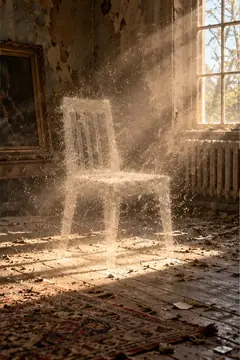 In a dusty, abandoned room, a chair made of drifting dust and sunlight stands in the beam from a tall window.