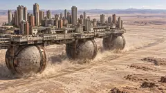 A whole city of tall towers rides across a cracked desert on a platform set on giant metal spheres, dust trailing behind. It left no forwarding address.