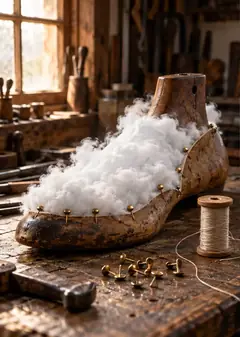 In a cobbler's workshop, a wooden shoe last is being stuffed with fresh white cloud, pinned with brass tacks.