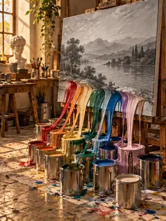 Every colour drains out of a landscape painting on an easel and runs in neat rainbow streams back into the open paint tins on the studio floor. The painting is left in grey, considering its choices.