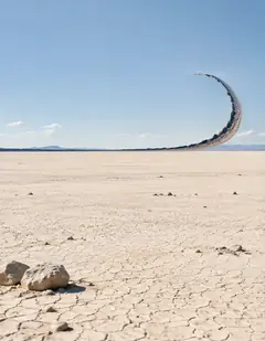 Over a cracked white desert, the far edge of the ground lifts off the horizon and curls up into the blue sky like a strip of tape.