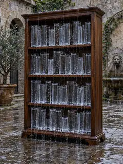 A wooden bookcase in a stone courtyard is shelved with tall glass jars of falling rain, dripping onto the wet tiles.