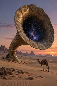 A giant gramophone horn rises from desert dunes at dusk, full of stars, while a camel walks past unbothered.